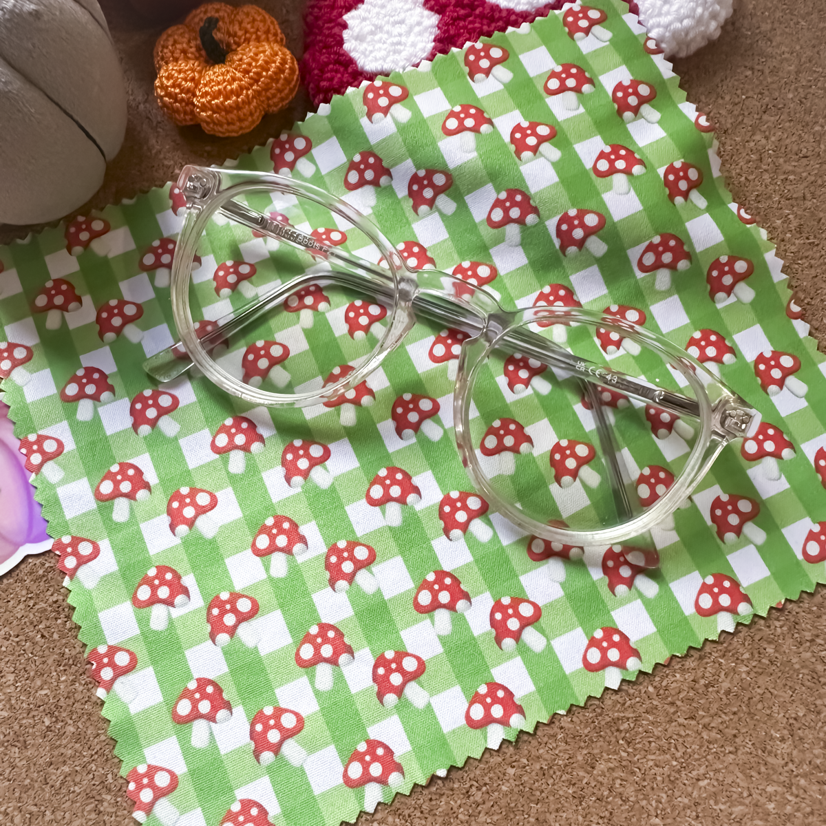 Gingham Pumpkin & Mushroom Glass Cleaning Cloth | Autumn Lens Cloth for Glasses & Screens