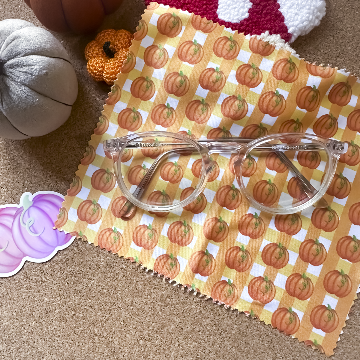 Gingham Pumpkin & Mushroom Glass Cleaning Cloth | Autumn Lens Cloth for Glasses & Screens