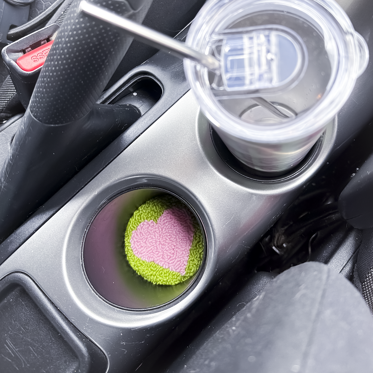 Pink & Green Heart Car Coasters – Set of 2 | Cute Car Cup Holder Accessories