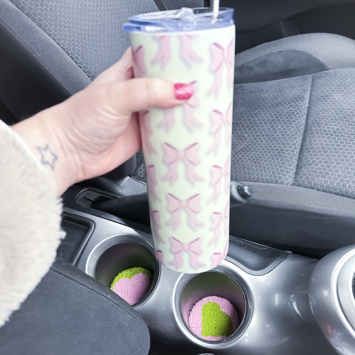Pink & Green Heart Car Coasters – Set of 2 | Cute Car Cup Holder Accessories