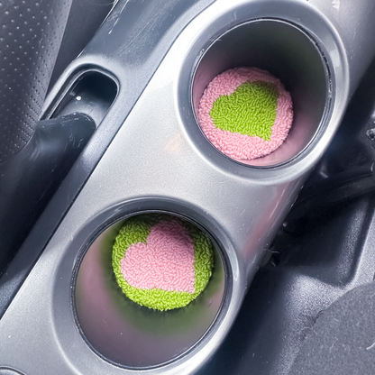 Pink & Green Heart Car Coasters – Set of 2 | Cute Car Cup Holder Accessories