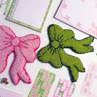 Pink Goes Good With Green stationery and mug rug bundle featuring notepads, bow sticker sheets, bookmark, and handmade coasters in pink and green bows