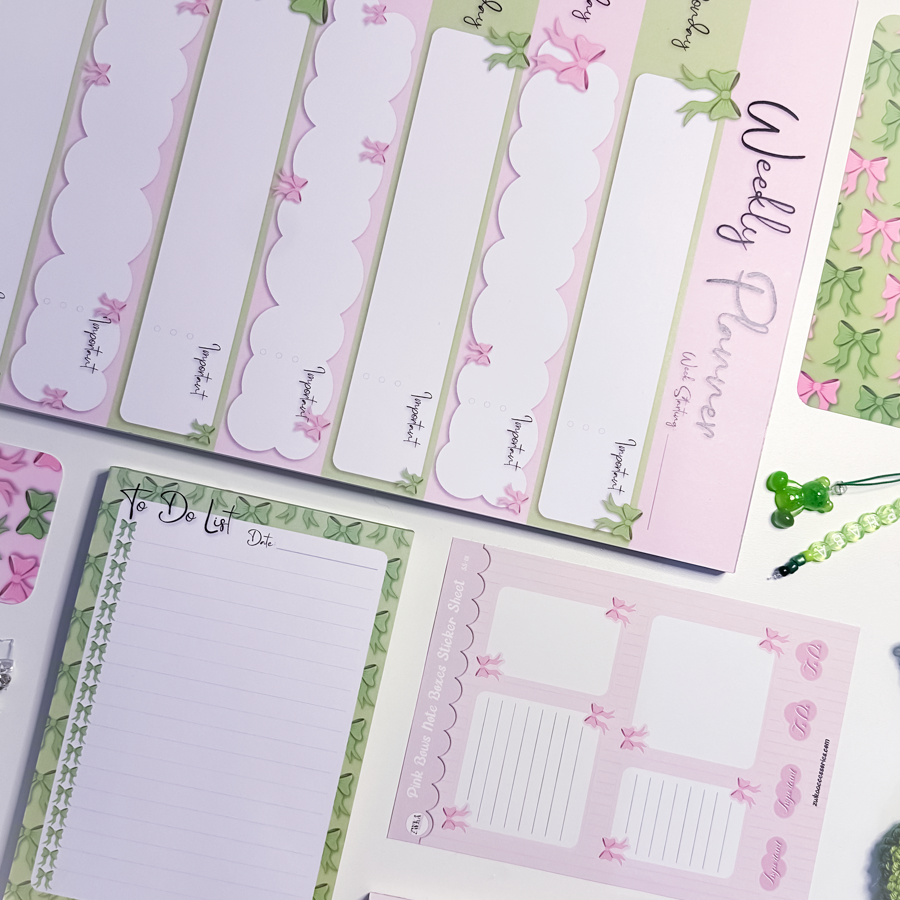 Pink Goes Good With Green stationery and mug rug bundle featuring notepads, bow sticker sheets, bookmark, and handmade coasters in pink and green bows