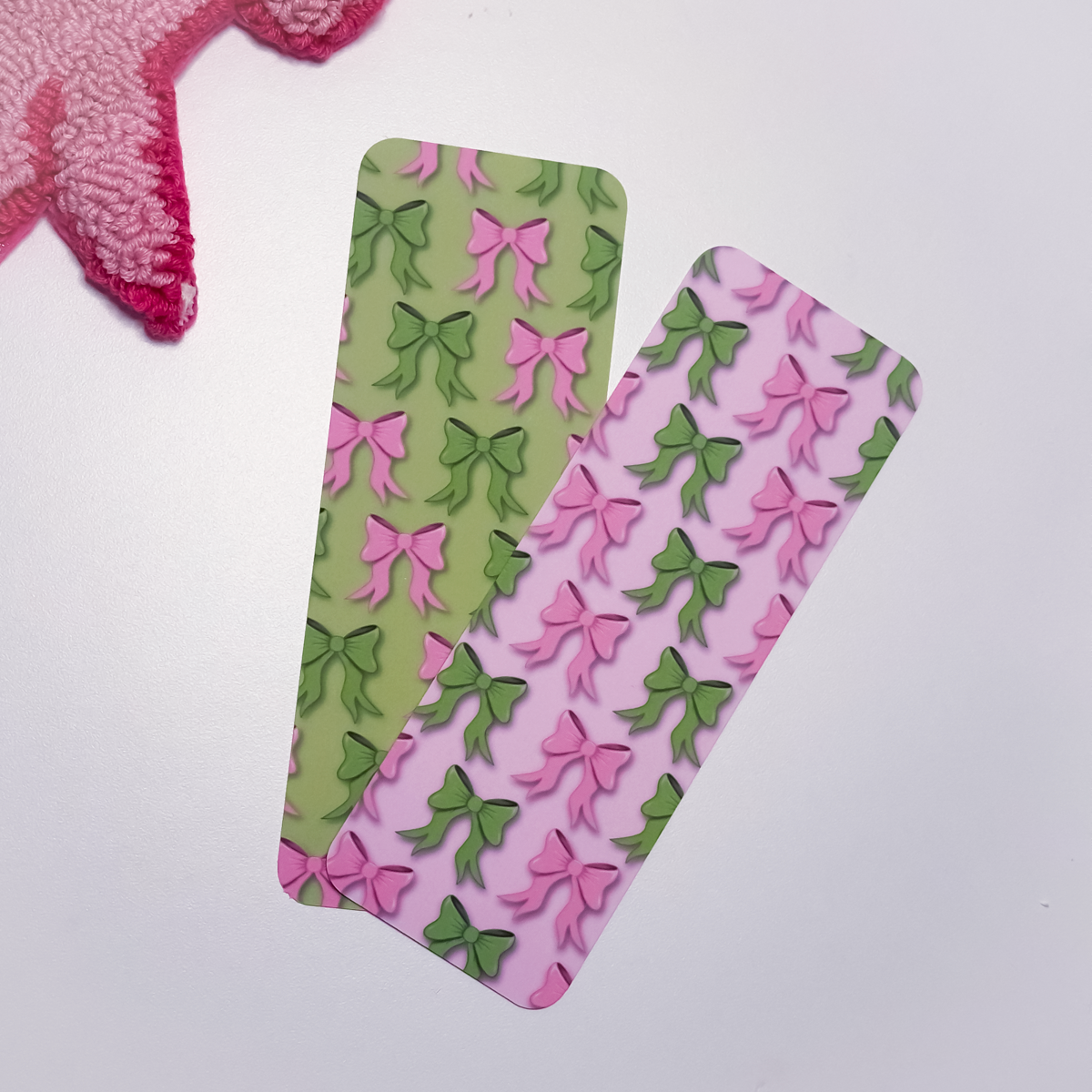 Double-sided pink and green bows bookmark with velvet soft finish and rounded corners