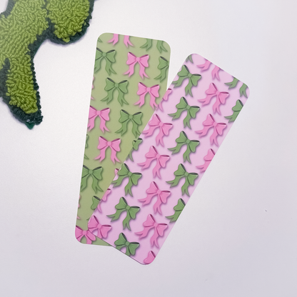 Double-sided pink and green bows bookmark with velvet soft finish and rounded corners