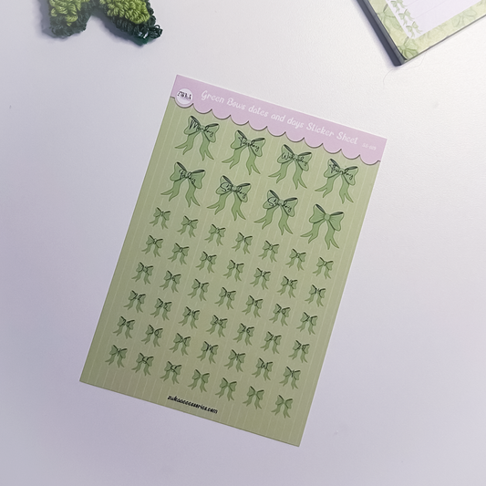 Green Bows planner sticker sheet with elegant green days and dates stickers and bow accents