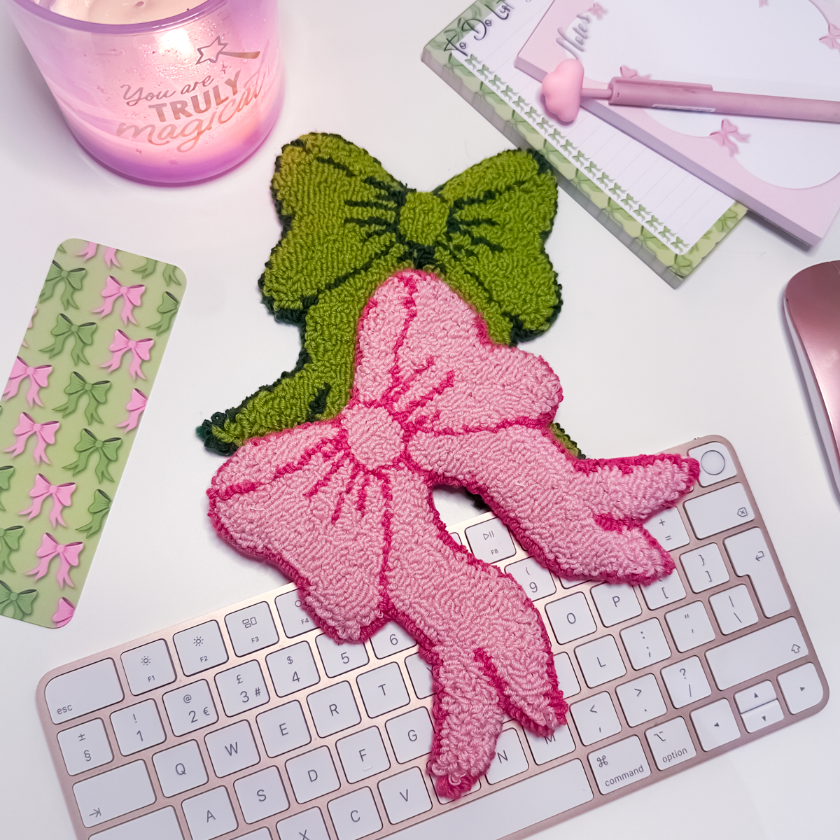 Pink and green bow mug rugs, handmade and soft to touch