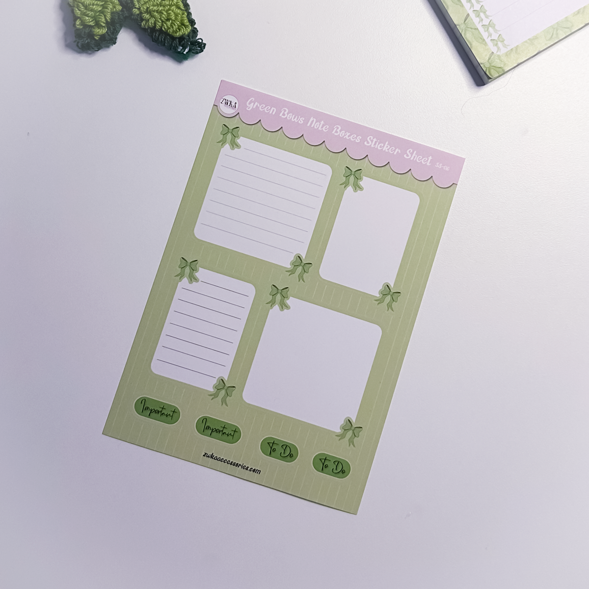 Green Bows planner sticker sheet with four note boxes in calming green tones