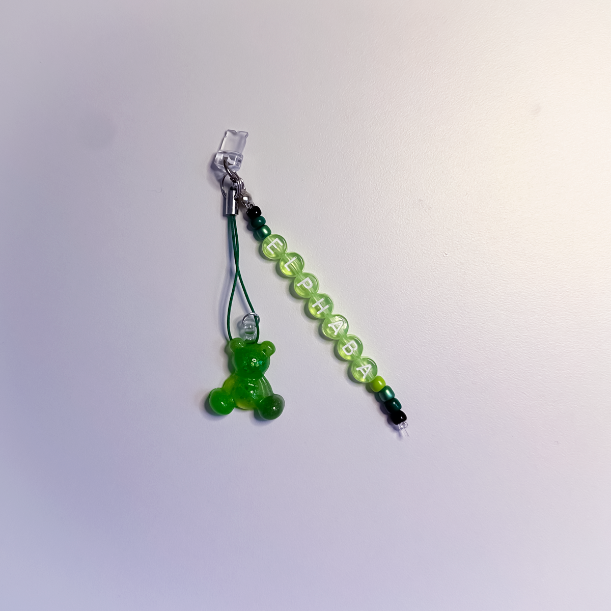 Personalised Green Worry Bear Charm – Beaded Name Phone/e-reader Charm with Dust Plug