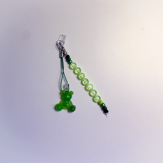 Personalised Green Worry Bear Charm – Beaded Name Phone/e-reader Charm with Dust Plug