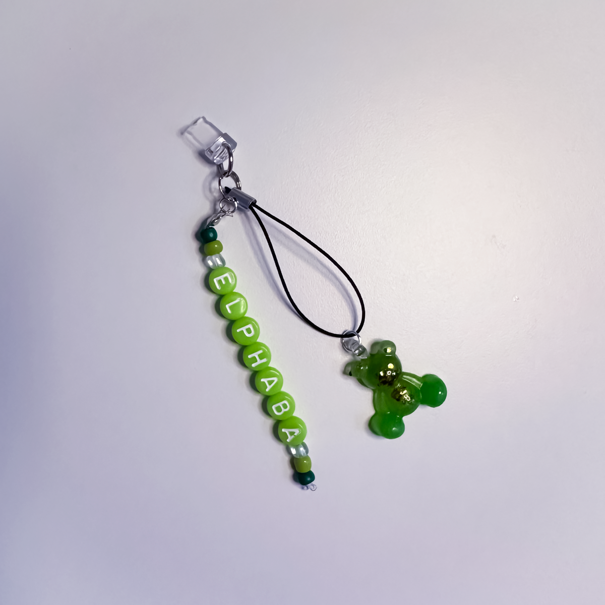Personalised Green Worry Bear Charm – Beaded Name Phone/e-reader Charm with Dust Plug