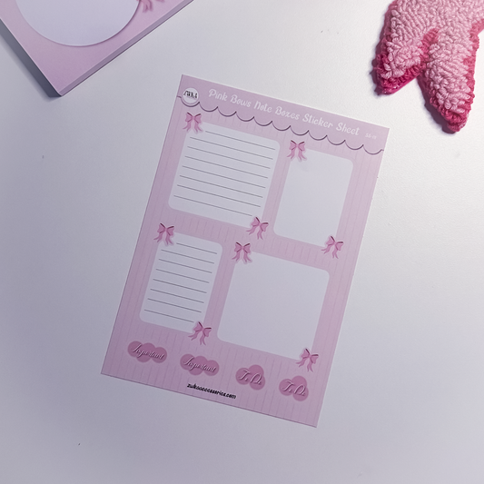 Pink Bows planner sticker sheet with lined and plain pink boxes for notes and journaling