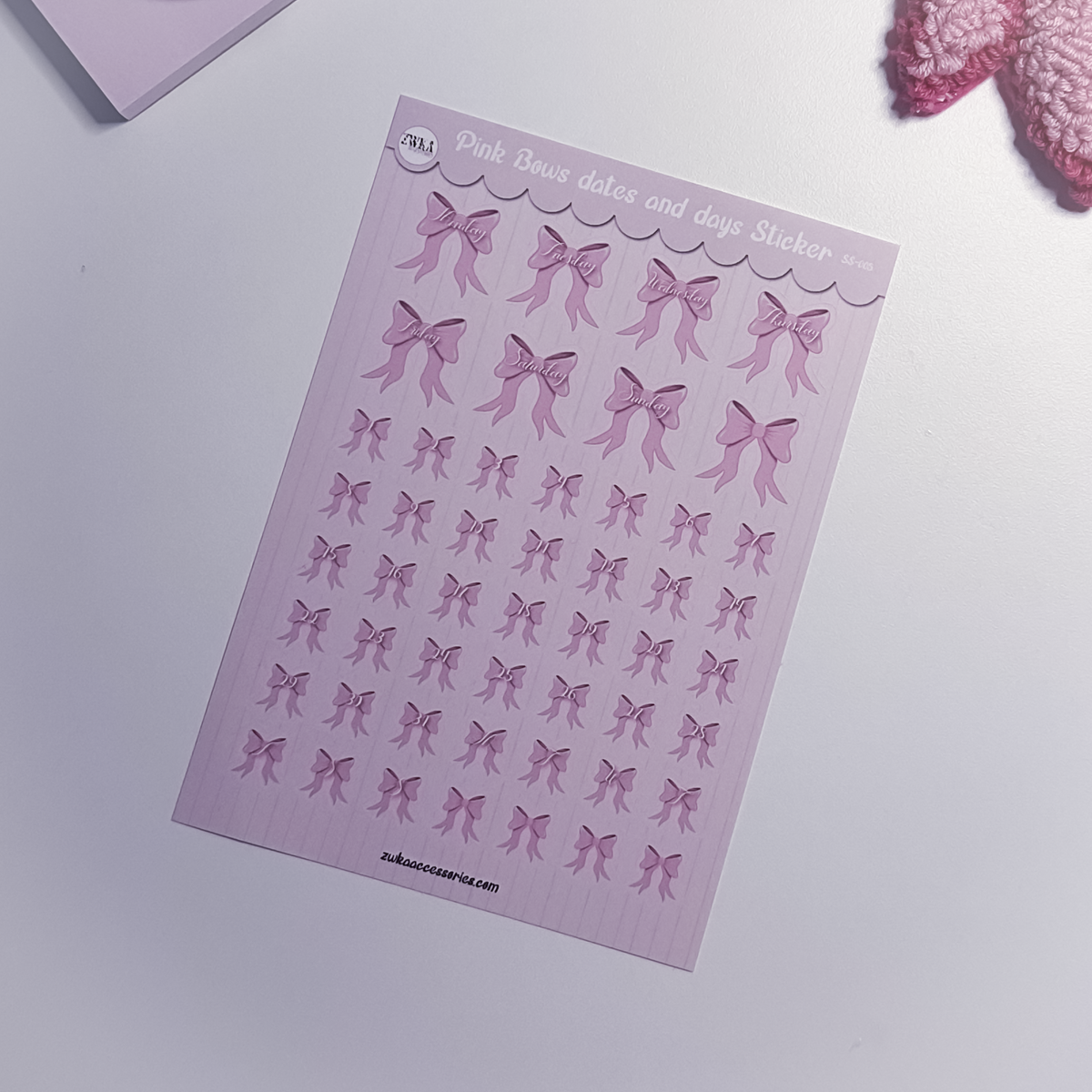 Pink Bows planner sticker sheet with dates and days in cute whimsical pink bow design