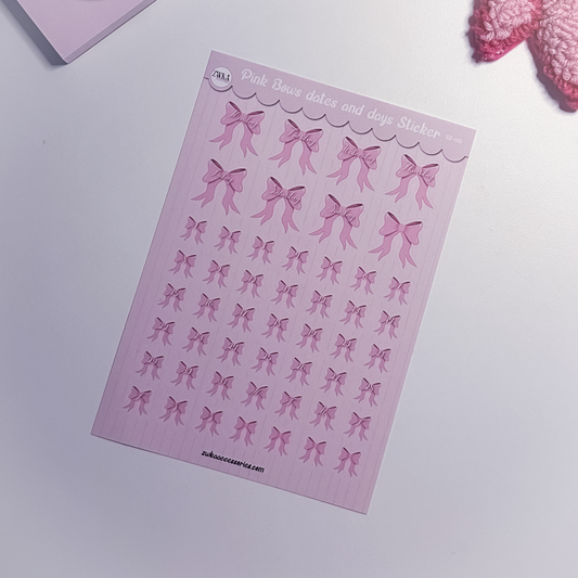 Pink Bows planner sticker sheet with dates and days in cute whimsical pink bow design