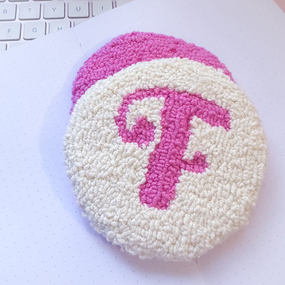 Pink initial mug rug handmade coaster cream base