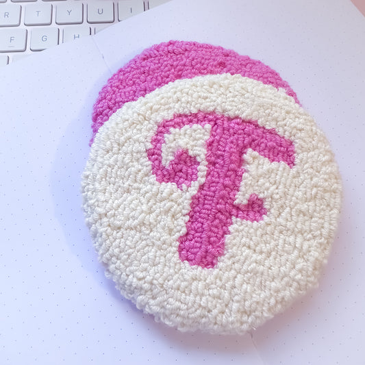 Pink initial mug rug handmade coaster cream base