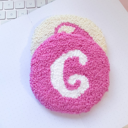 White initial pink mug rug handmade coaster