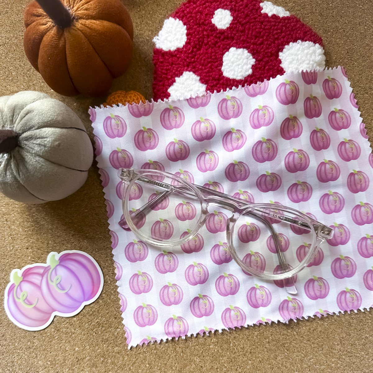 Gingham Pumpkin & Mushroom Glass Cleaning Cloth | Autumn Lens Cloth for Glasses & Screens