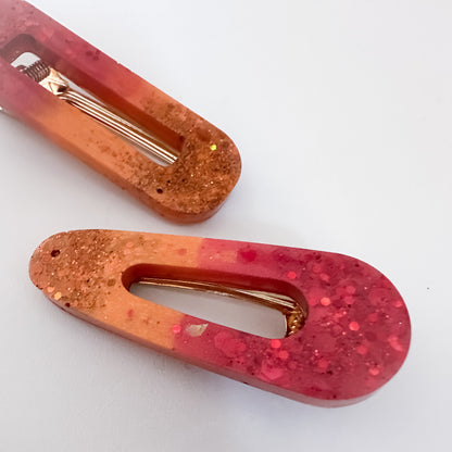 END OF LINE - Red and Orange Glitter Resin Hair Clips