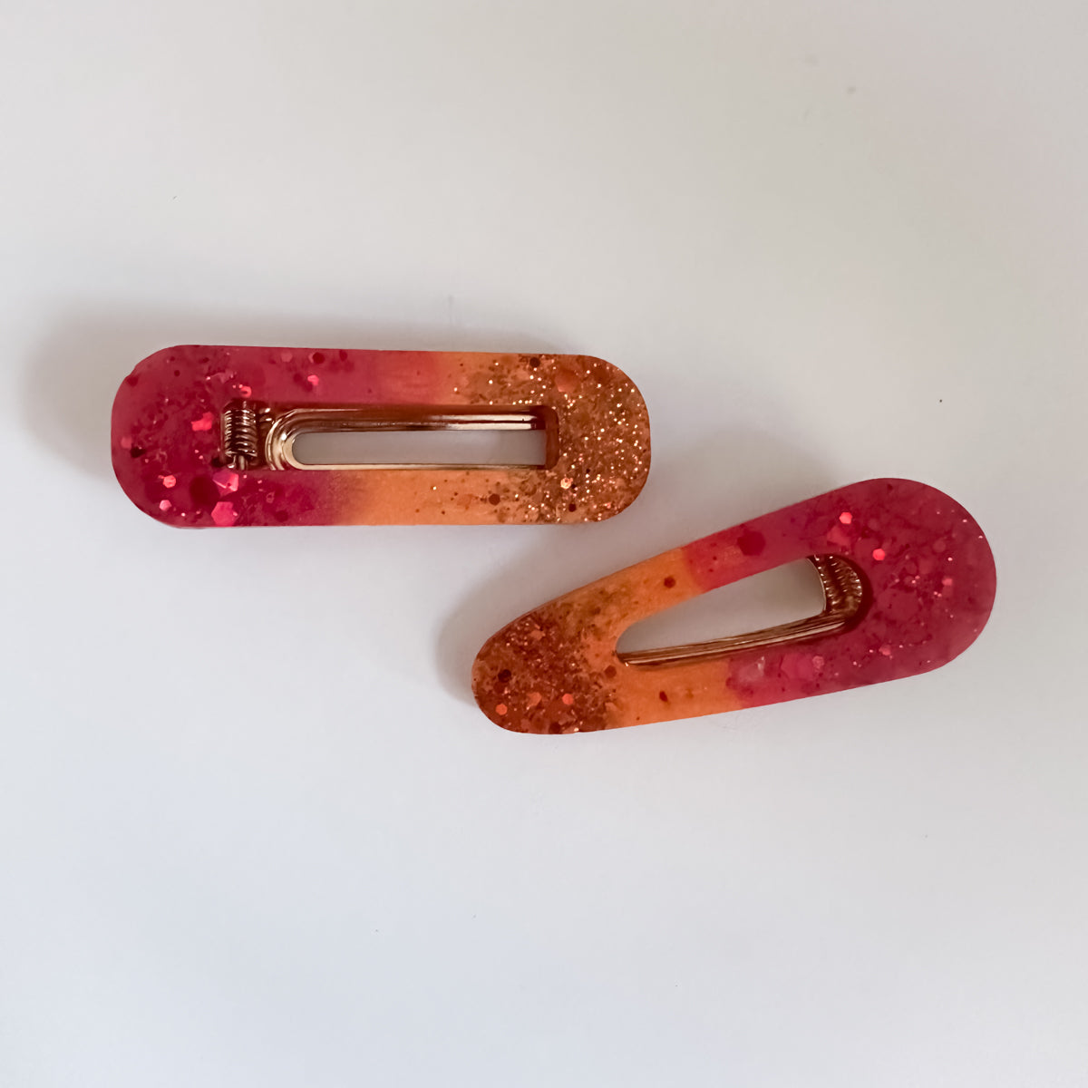 END OF LINE - Red and Orange Glitter Resin Hair Clips