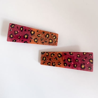 END OF LINE - Red and Orange Leopard Print Resin Hair Clips