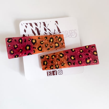 END OF LINE - Red and Orange Leopard Print Resin Hair Clips