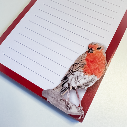 Notepad with a robin bird design on a red border